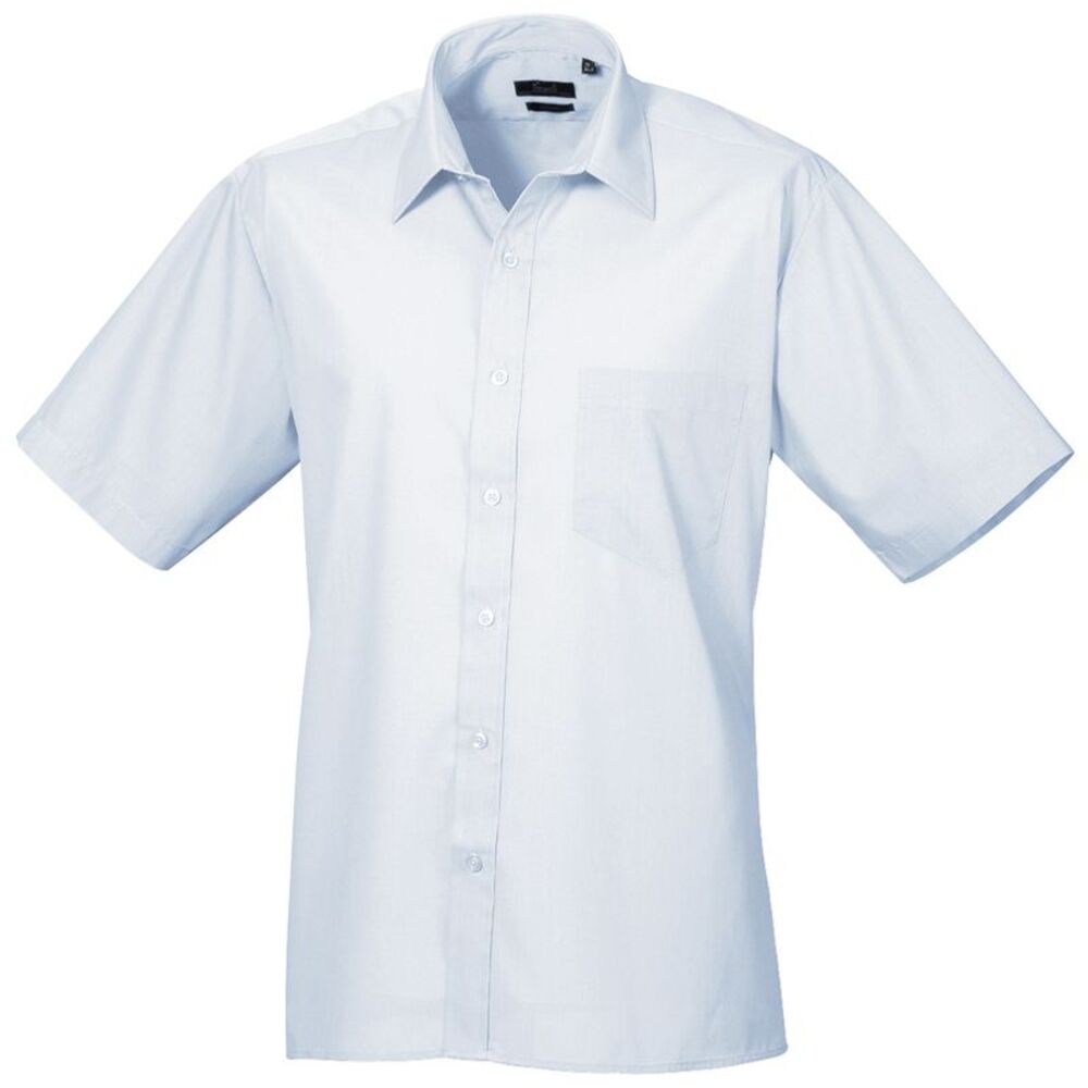 Premier Mens Short Sleeve Formal Poplin Plain Work Shirt / Light Blue